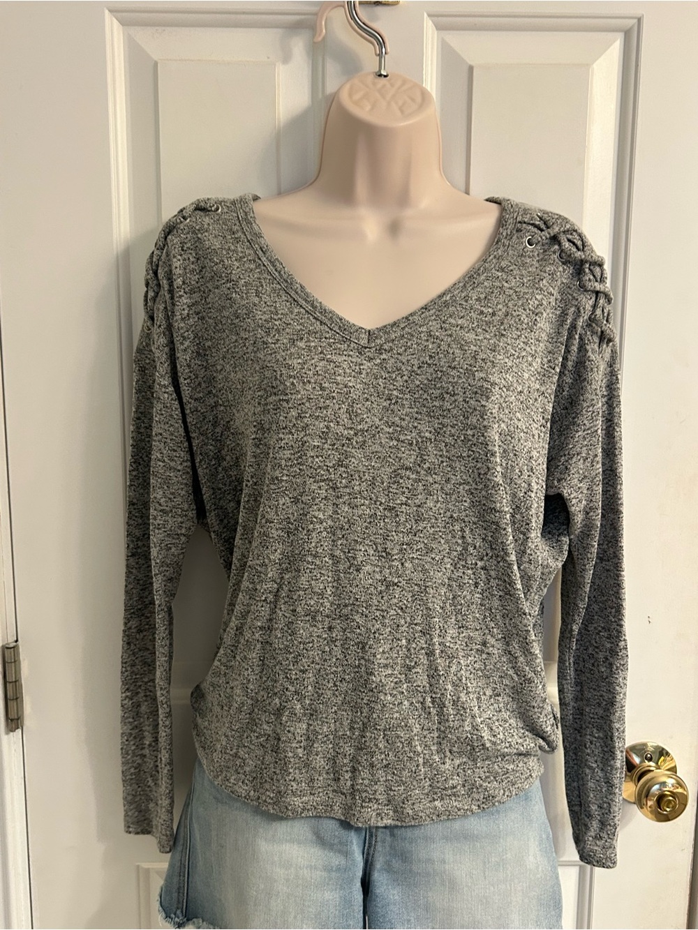Express Gray V-Neck Braided Shoulder Knit Sweater